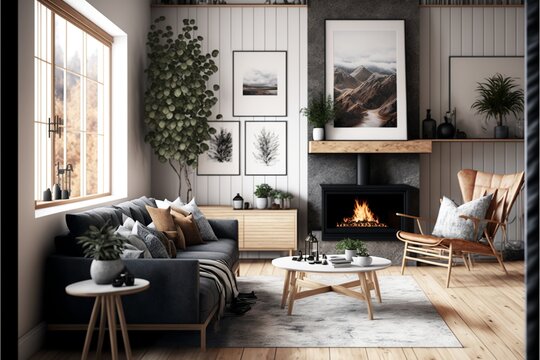 Scandinavian style cozy living room interior 