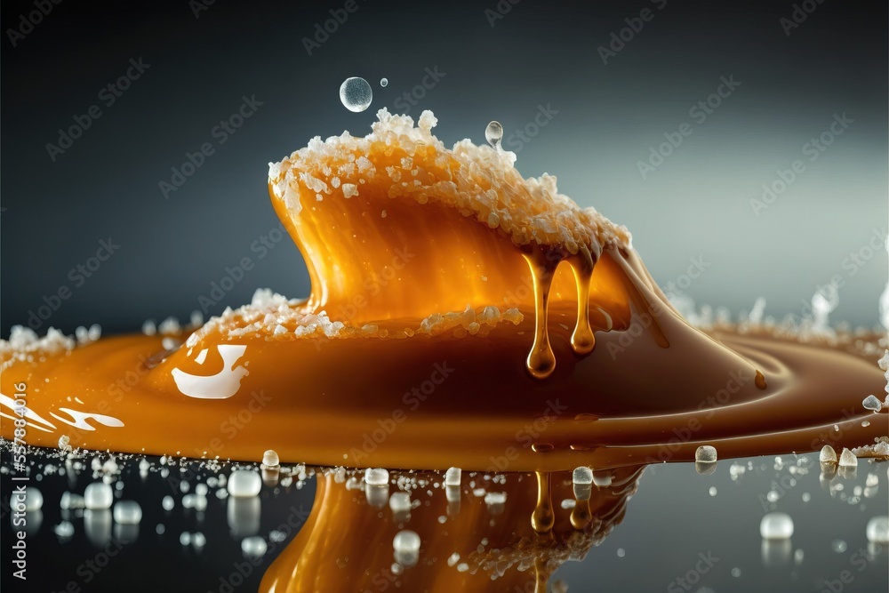 Poster a liquid splashing out of a puddle of liquid on a black surface with drops of water around it and a 