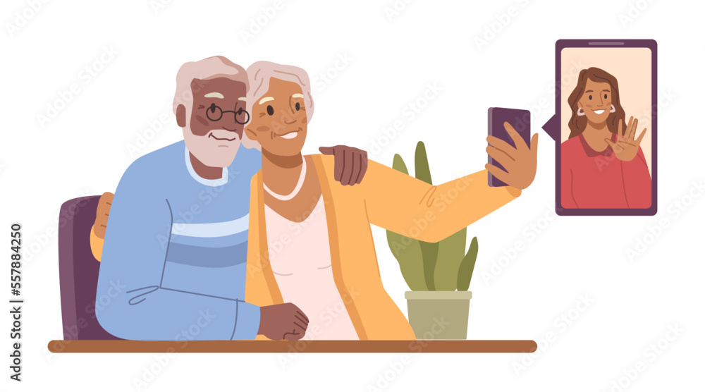 Aufkleber pensioners couple using smartphone to talk online via video call. isolated senior people with modern