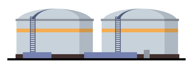 Gas station with storage of petroleum in cylinder containers with ladders. Industry and production of oil, fuel and petrol business. Vector in flat style