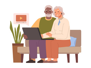 Pensioners using modern technologies and gadget for fun and entertainment. Watching video in internet on laptop, grandparents at home. Flat cartoon character vector