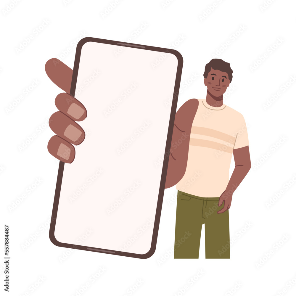 Poster Afro american man with mobile show empty display, flat cartoon vector illustration. Vector smartphone in hand show empty display. Male person hold screen showing something