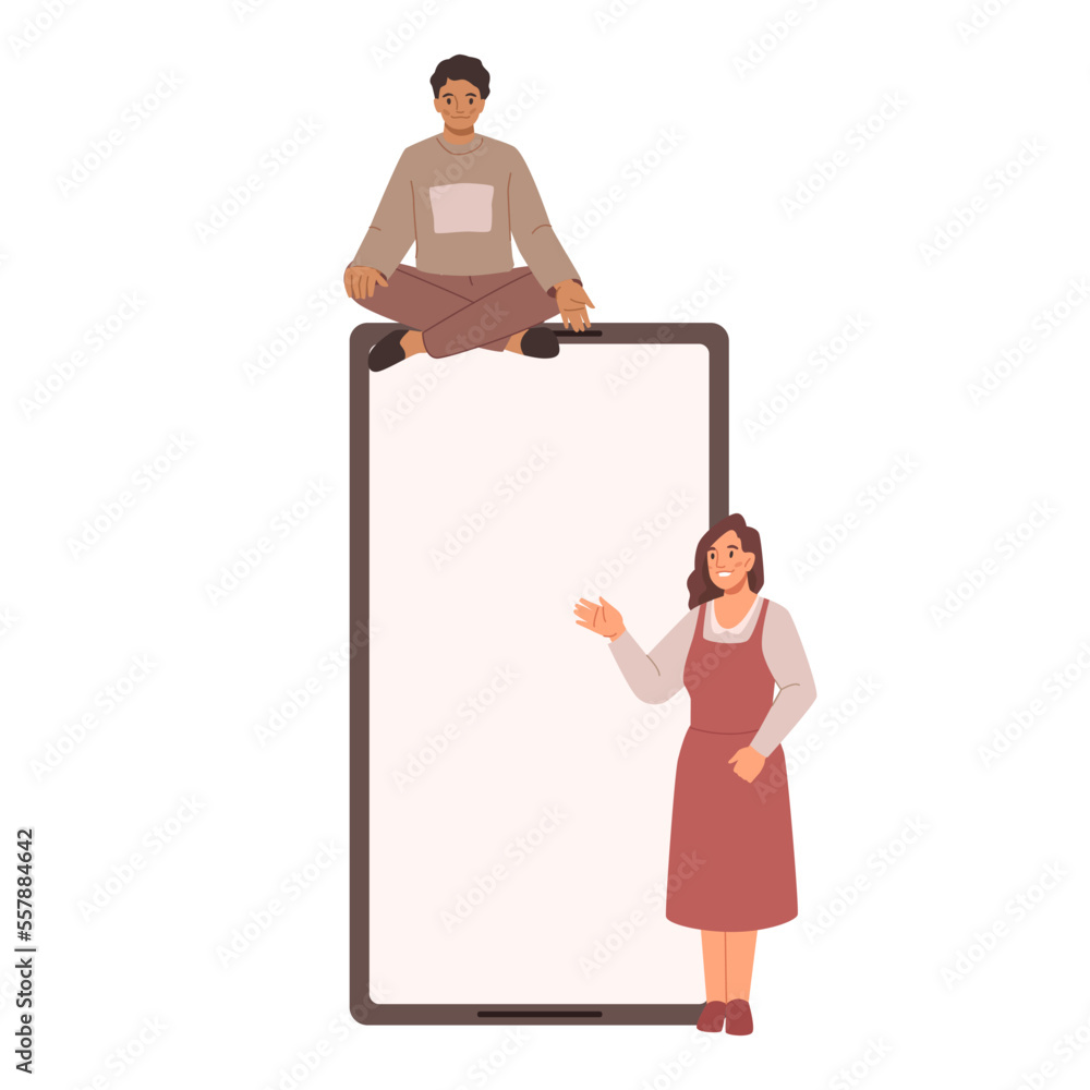 Poster people showing display of smartphone blank screen. small character use phones, man sitting on mobile
