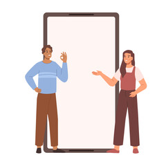 Small people showing display of smartphone blank screen. Students use mobile phone, characters man and woman and display monitor, person show screens vector flat cartoon illustration