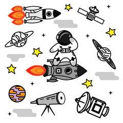 The astronaut boy flies on a rocket. Satellite, planets, spaceships. Flat graphics.