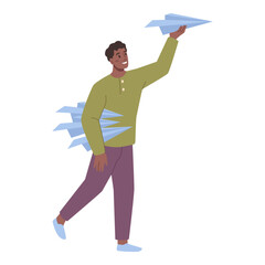 Businessman running with paper plain in raised hand. Concept of business startup, launch of new project. Vector flat cartoon illustration. Businessman investor launch paper plane