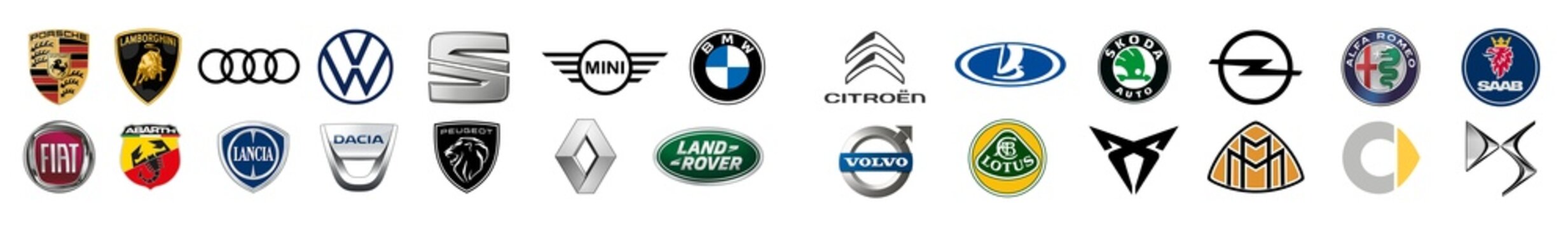 Car Logo Collection. Lambo, Porsche, Audi, VW, Seat, Mini, BMW, Fiat, Lancia, Dacia, Peugeot, Renault, Rover, Citroen, DS, Lada, Skoda, Opel, Alfa, Saab, Volvo, Lotus, Cupra, Maybach, Smart icon set