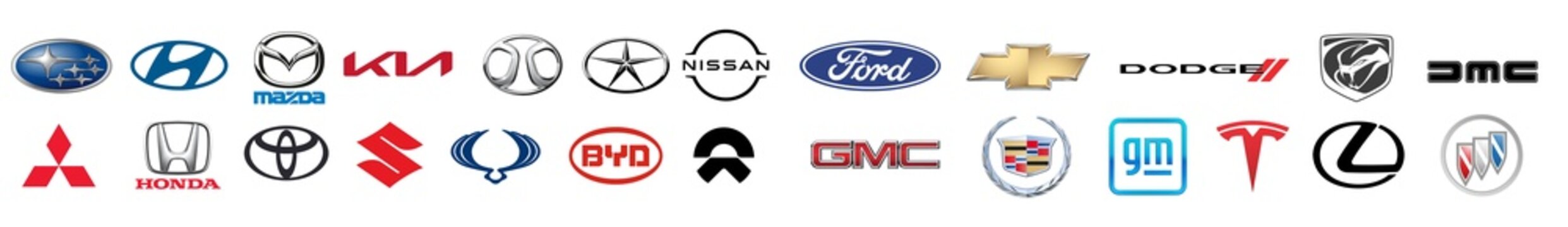 Automotive Car Logo Collection. Subaru, Hyundai, mazda, Kia, Baic, Jac, Nissan, Honda, Toyota, Suzuki, SSANG YONG, BYD, NIO, Ford; Dodge; Viper; GMC; Tesla; Lexus; Buick; Cadillac; Chevrolet icon set