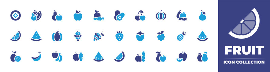 Fruit icon collection. Duotone color. Vector illustration. Containing kiwi, fruit, apple, avocado, cherry, pumpkin, healthy food, pear, lemon slice, watermelon, grapes, strawberry, and more.