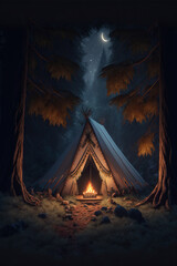 tent with campfire at night. adventure concept. generative ai