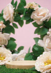 empty wooden podium beige rose bouquet flowers decoration on pink background with space.beauty cosmetic and romantic valentines or mother,birthday woman love gift product present scene stand display.