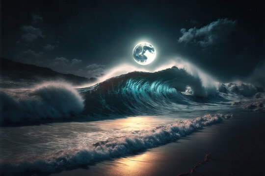 big waves on beach shore at night with full moon and moonlight. generative ai