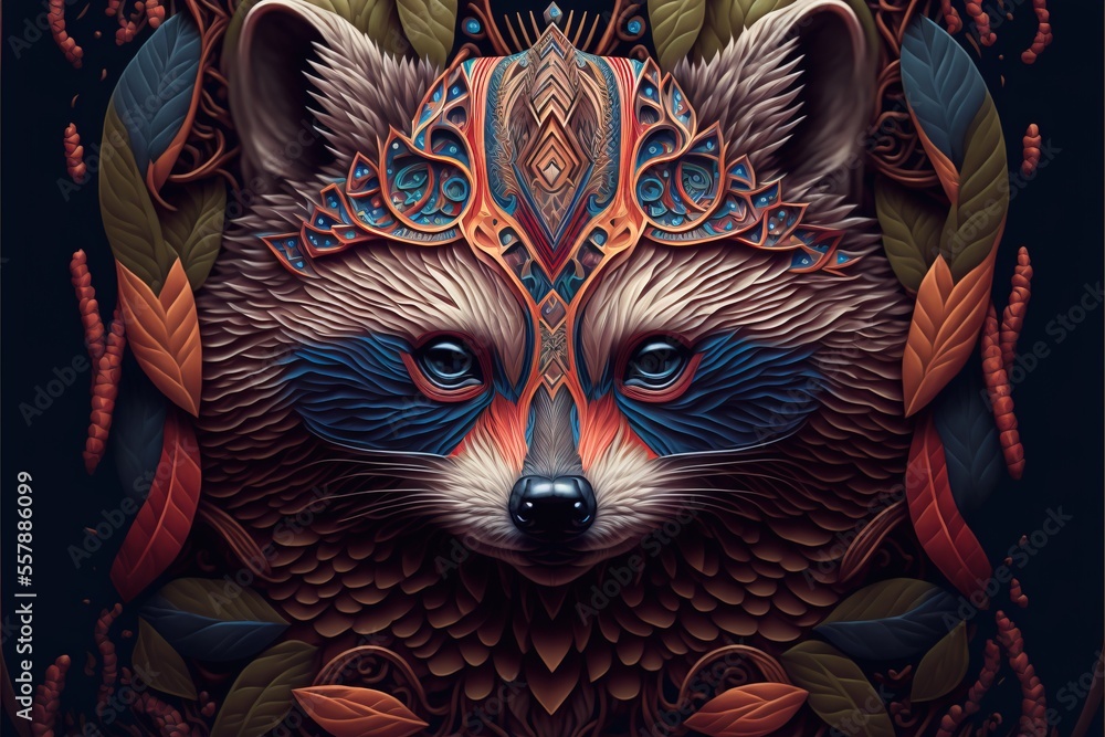 Poster a painting of a fox with a decorative pattern on its face and eyes., generative ai