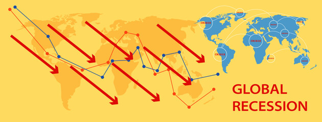 economic recession in 2023 Graphs and slumping stock markets show the global economic crisis in 2023. The effects of inflation, war, epidemics. EPS10 vector.	

