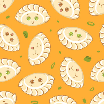 Jiaozi and greens. Seamless pattern Chinese New Year fried dumplings, shaped like ancient silver and gold ingots. Cute cartoon character. For menu cafe, wallpaper, fabric, wrapping, background.