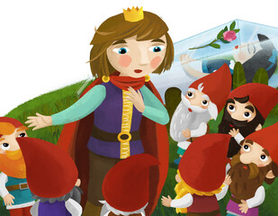 Fototapeta premium cartoon scene with prince talking to dwarfs illustration