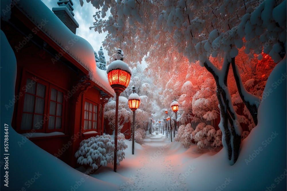 Poster a snowy street with a red building and a lamp post in the middle of it and trees and bushes., genera