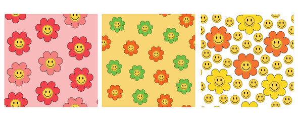 Y2k floral seamless patterns set colorful, pink, green, orange flowers and emojis.