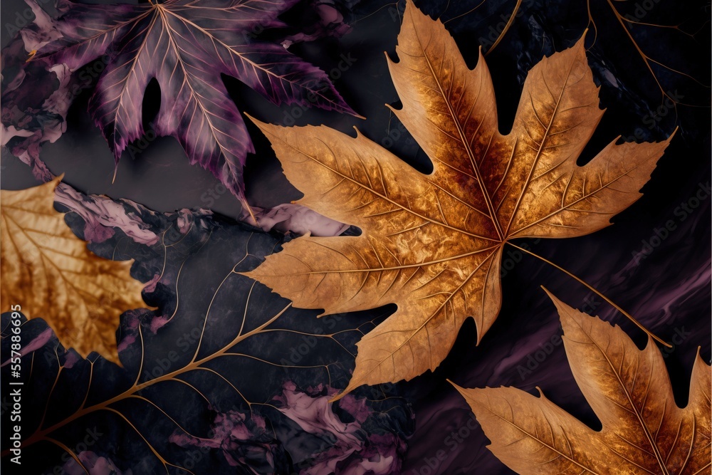 Aufkleber a group of leaves that are on a table cloth with a black background and a gold leaf on the left., ge
