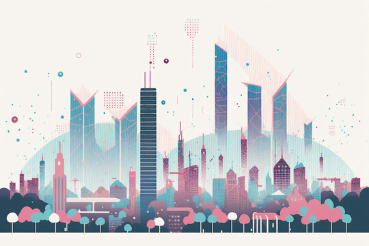 An abstract city skyline with anime elements 
