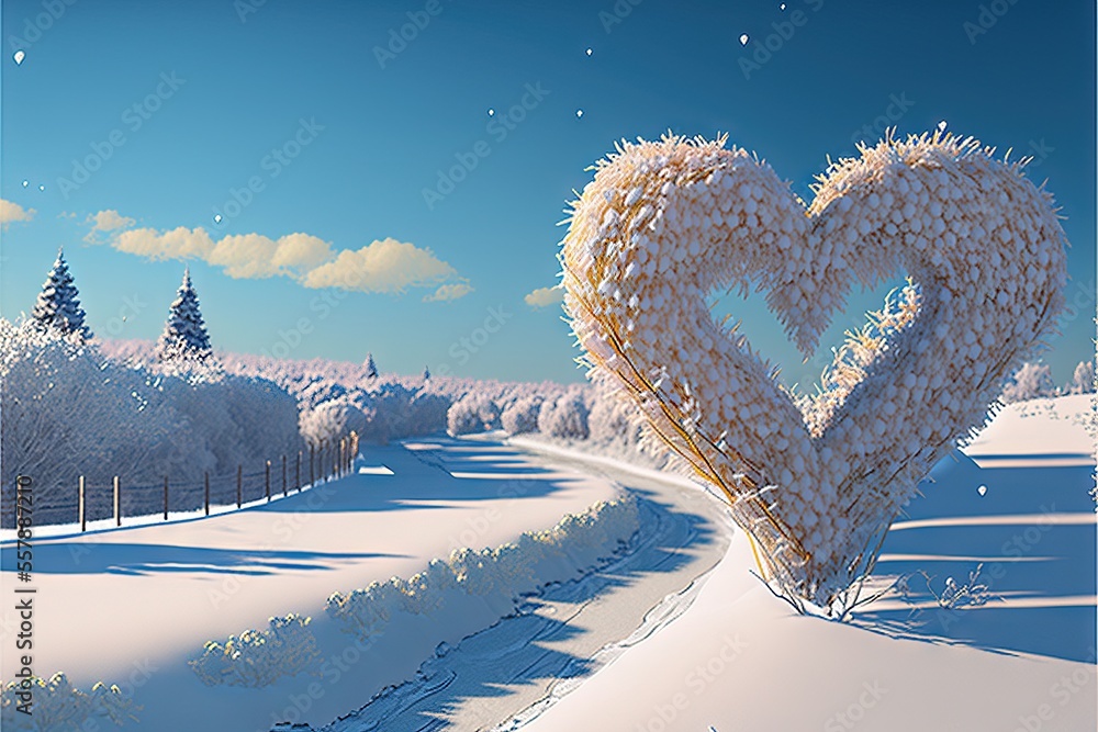 Poster a large heart shaped object in the middle of a snowy field with trees in the background and a blue s