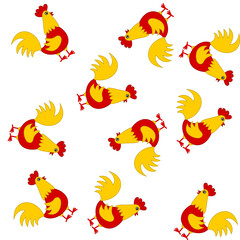Paper pattern with yellow and red chickens on white background