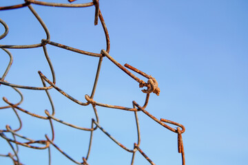 Old rusty damaged wire mesh with sky background, freedom concept, copy space