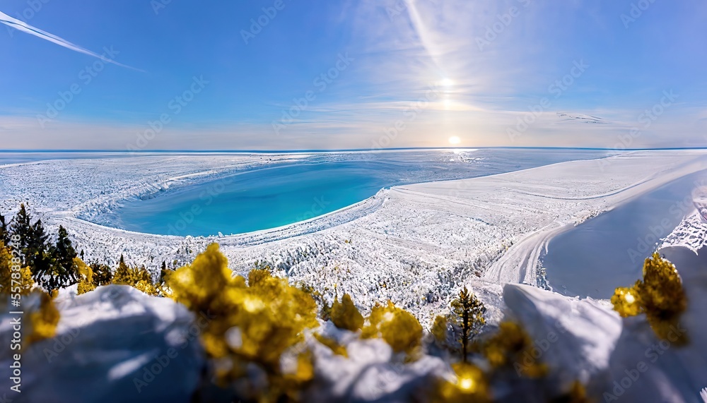 Poster the sun is shining over a lake surrounded by snow covered trees and bushes in the foreground., gener