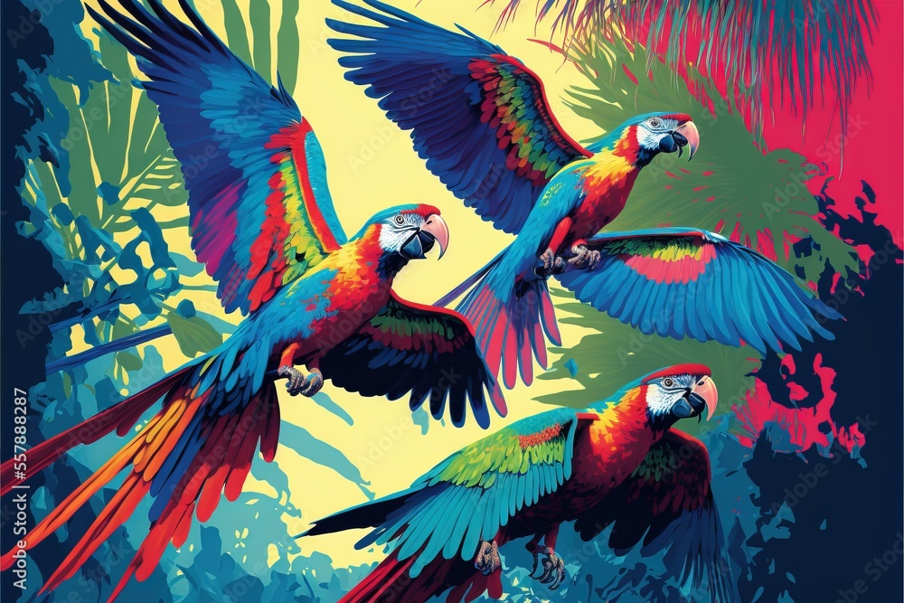 Poster three colorful parrots are flying through the air with palm trees in the backgrouds of the image in 