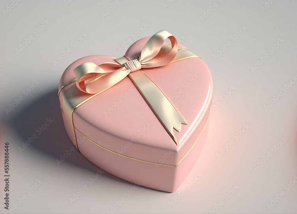 Aufkleber a pink heart shaped box with a bow on it's top and a ribbon around the top of the box., generative a