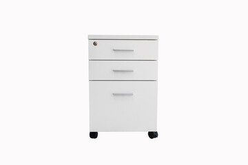 Front photo work desk with office equipment cabinet white has three drawers made of teak wood or office furniture. Isolated on white background.It is an office equipment to hold important documents.