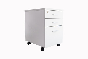 Side photo work desk with office equipment cabinet white has three drawers made of teak wood or office furniture. It is an office equipment to hold important documents. Isolated on white background. - obrazy, fototapety, plakaty