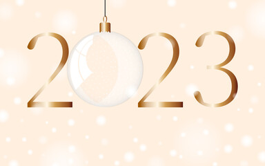 Happy New Year 2023. Festive winter banner on pink snowy horizontal background with numbers and Christmas tree glass ball. 