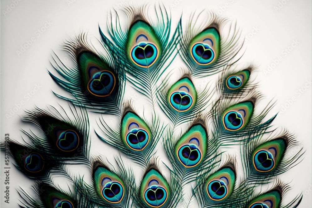 Poster a peacock feather is shown in a circular arrangement on a white background with a black heart in the