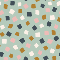 Irregular square geometrical shapes seamless repeat pattern. Colorful, random placed, vector rectangles all over surface print on sage green background.