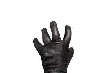 grabbing hand with leather glove isolated on white background, burglar creepy hand open fist stealing. Black leather glove isolated