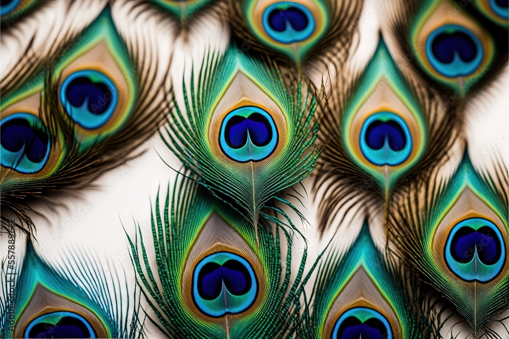 Poster a close up of a peacock feather pattern on a white background with blue and green feathers and a gre