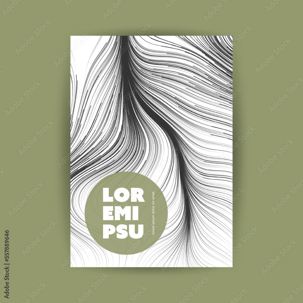 Poster black and white moving, flowing stream of particles in curving, wavy lines - digitally generated fut