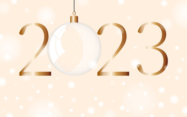 Happy New Year 2023. Festive winter banner on pink snowy horizontal background with numbers and Christmas tree glass ball. Vector.