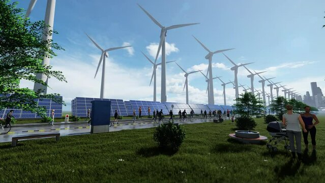 Happy people in the park near a green city electrified by wind turbines and solar panels, 4K