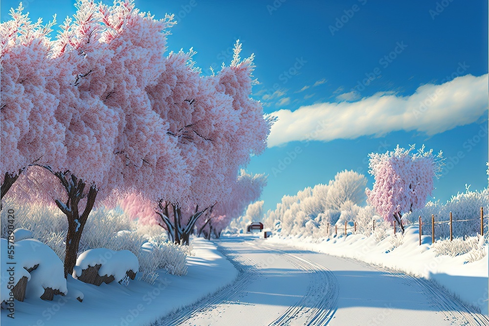 Poster a snow covered road with a pink tree in the middle of it and a blue sky in the background with cloud