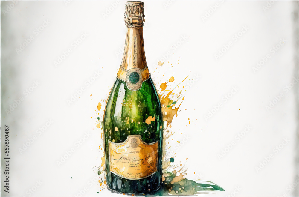 Poster a painting of a bottle of champagne with a splash of paint on the side of the bottle and a green cap