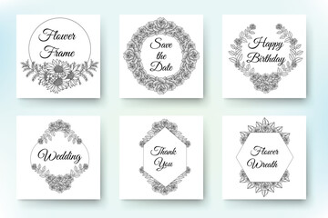 flower wreath element with golden floral frame collection and hand drawn line art illustration