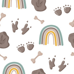 Dinosaur seamless pattern footprint tracks. Minimal color background with paw, stones, rainbow. Dinosaur footprint seamless pattern perfect for textile, wrap and wallpaper and design.