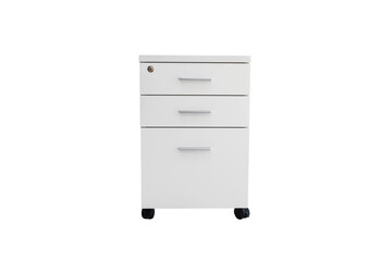 Front photo work desk with office equipment cabinet white has three drawers made of teak wood or office furniture. It is an office equipment to hold important documents.