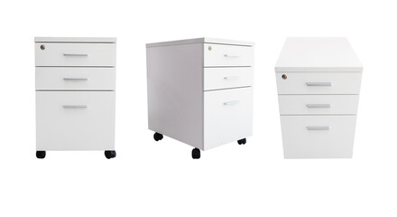Set photo box office equipment cabinet white has three drawers made of teak wood or office furniture. It is an office equipment to hold important documents. Isolated cutout PNG background.