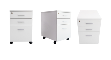Set photo box office equipment cabinet white has three drawers made of teak wood or office furniture. It is an office equipment to hold important documents. Isolated cutout PNG background.