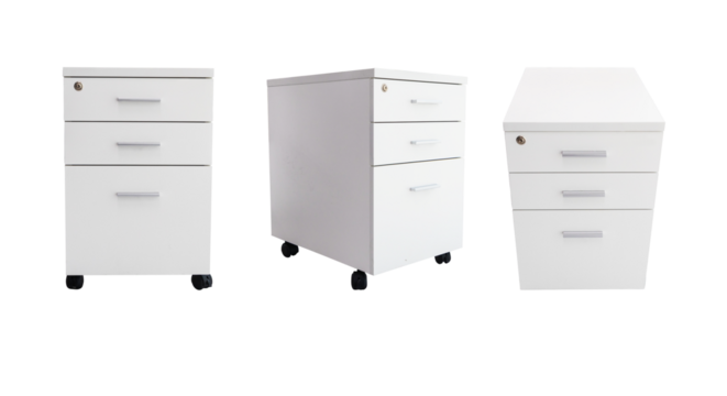 Set photo box office equipment cabinet white has three drawers made of teak wood or office furniture. It is an office equipment to hold important documents. Isolated cutout PNG background.