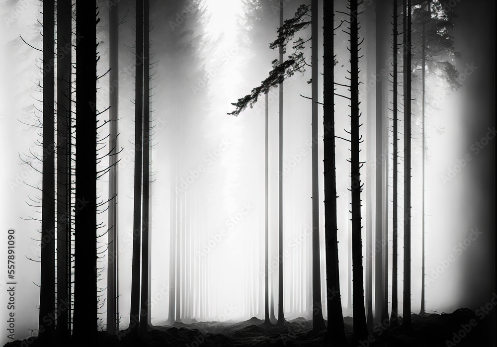 Poster a black and white photo of a forest with fog in the air and trees in the foreground., generative ai