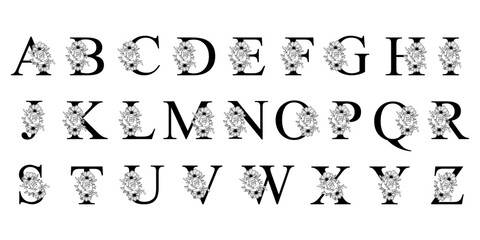 Floral Alphabet. Letters with flowers, leaves and branches. Hand drawn roses and anemones. Letters for monograms or logos. Perfect for greeting card, birthday, logo, wedding invitations.